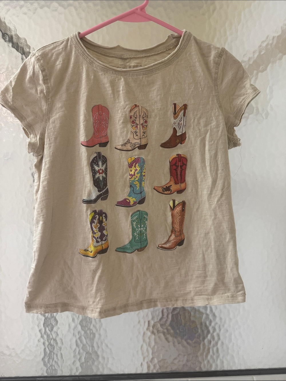 Short Sleeve Graphic Tee with Colorful Cowboy Boots - Beige